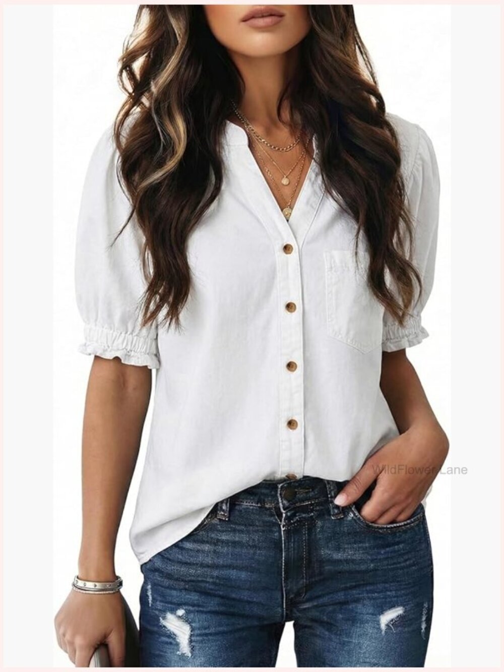 Button Down Denim Shirt V-Neck Short Sleeve Cotton Summer